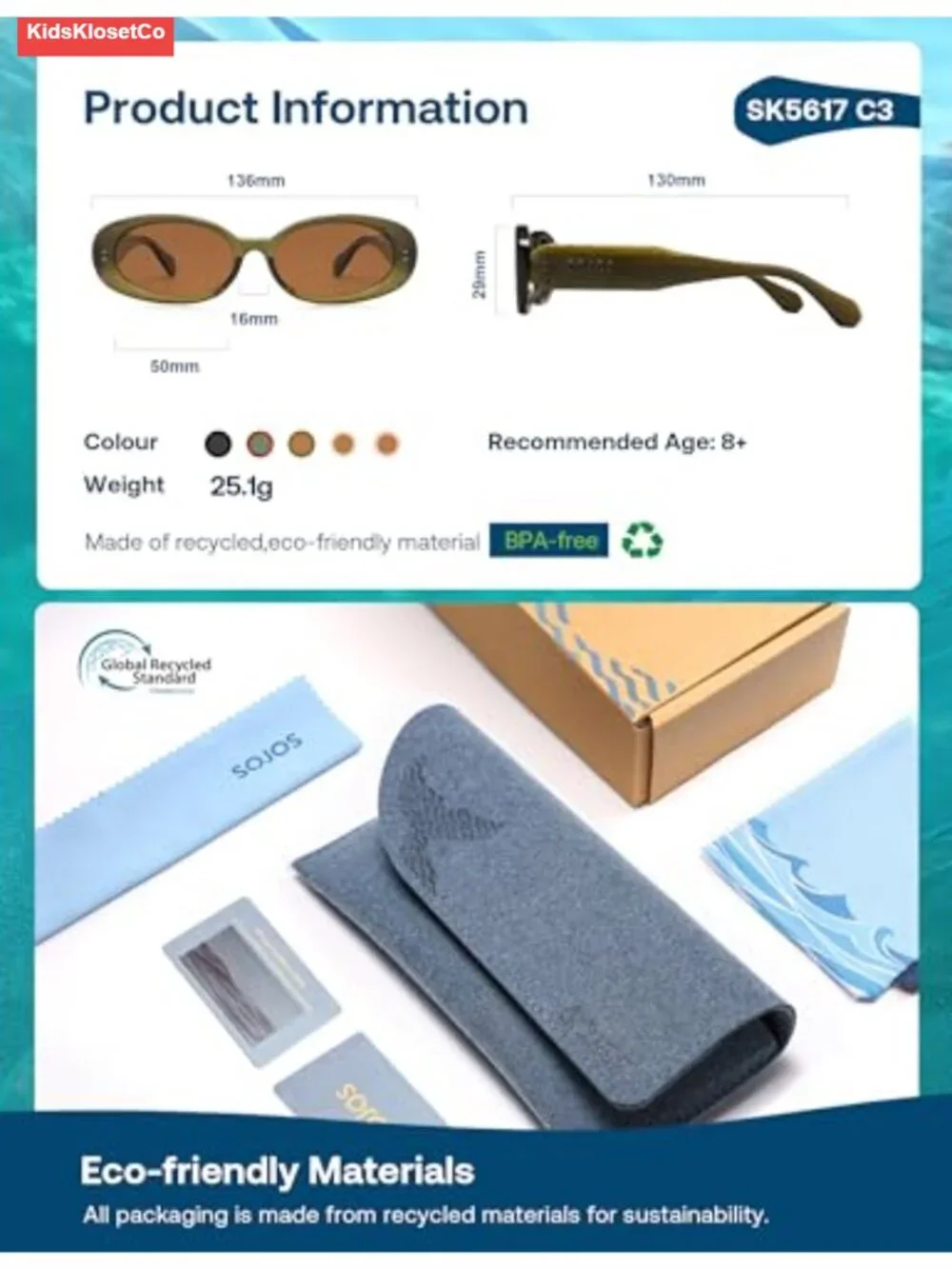 Kids Polarized Sunglasses Recycled Plastic Frame UV Protection Oval Retro